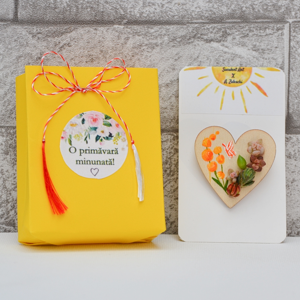 Martisor suculent natural-pictat manual, tip brosa, inima