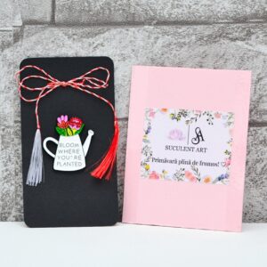 Martisor metalic tip brosa, vaza alba cu flori